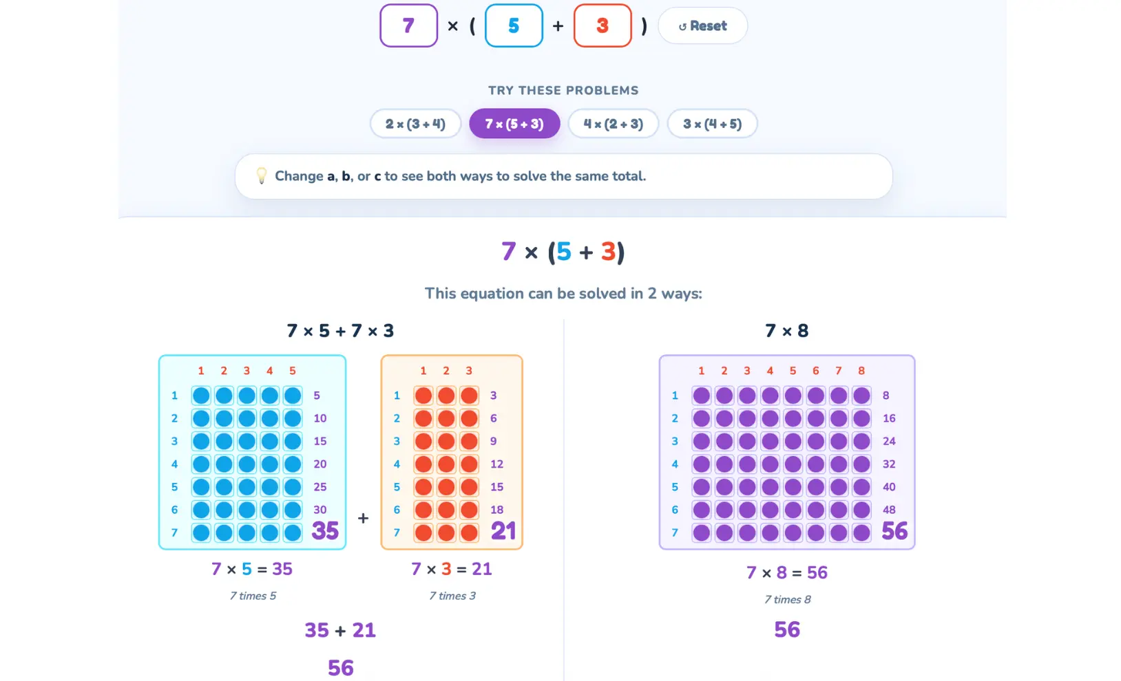 Distributive Property of Multiplication teacher tool showing two ways to solve 7 times 8 with dot arrays.