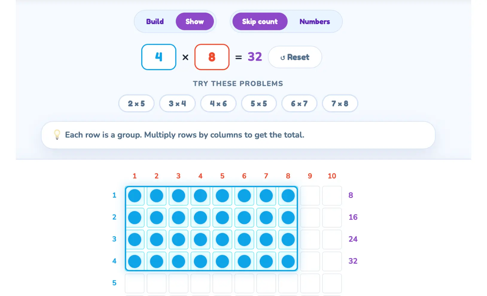 Multiplication Array Maker teacher tool showing the 4 × 8 = 32 array on a 10 × 10 grid with skip count.